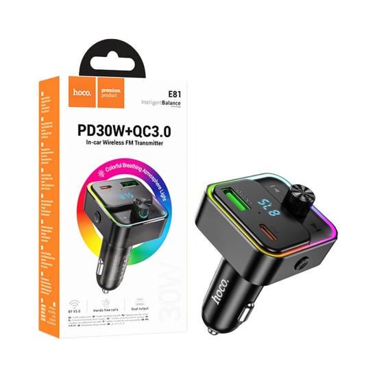 Hoco Wireless FM Transmitter E81 Fantasy With PD30+QC3.0 USB Black Hoco Wireless FM Transmitter E81 Fantasy With PD30+QC3.0 USB Black